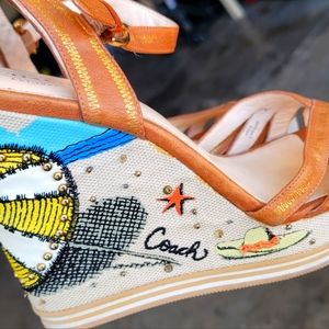 COACH Tan “Beach Scene” Wedge Sandals